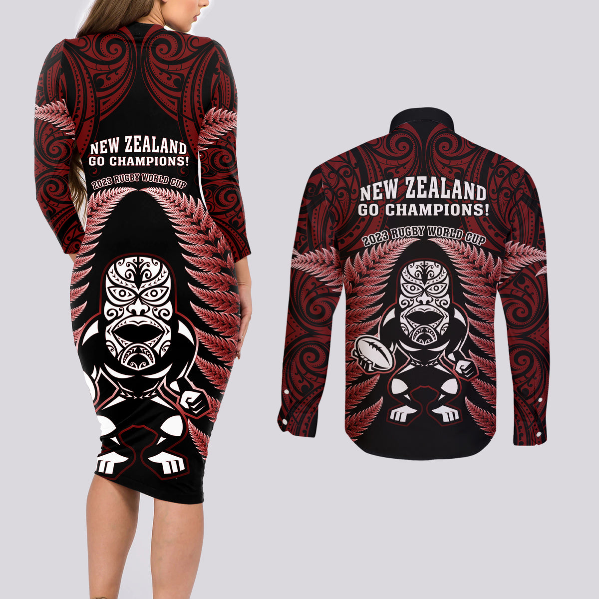 New Zealand Aotearoa Rugby Couples Matching Long Sleeve Bodycon Dress and Long Sleeve Button Shirts NZ Tiki With Maori Fern World Cup Red Version LT14 - Polynesian Pride