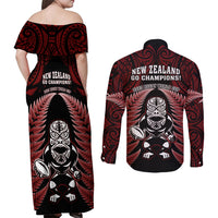New Zealand Aotearoa Rugby Couples Matching Off Shoulder Maxi Dress and Long Sleeve Button Shirts NZ Tiki With Maori Fern World Cup Red Version LT14 - Polynesian Pride