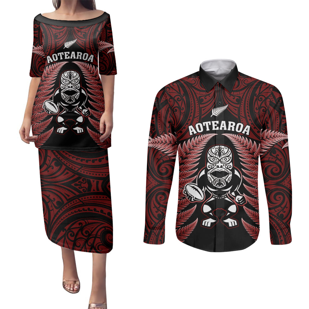 New Zealand Aotearoa Rugby Couples Matching Puletasi Dress and Long Sleeve Button Shirts NZ Tiki With Maori Fern World Cup Red Version LT14 Red - Polynesian Pride