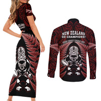 New Zealand Aotearoa Rugby Couples Matching Short Sleeve Bodycon Dress and Long Sleeve Button Shirts NZ Tiki With Maori Fern World Cup Red Version LT14 - Polynesian Pride