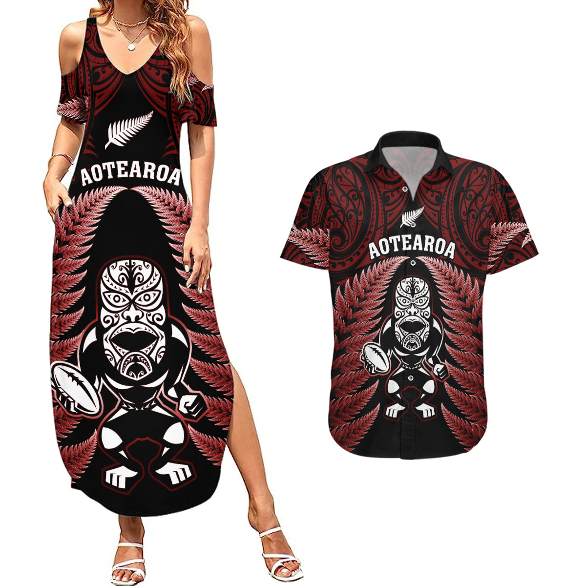 New Zealand Aotearoa Rugby Couples Matching Summer Maxi Dress and Hawaiian Shirt NZ Tiki With Maori Fern World Cup Red Version LT14 Red - Polynesian Pride