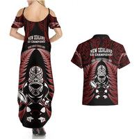 New Zealand Aotearoa Rugby Couples Matching Summer Maxi Dress and Hawaiian Shirt NZ Tiki With Maori Fern World Cup Red Version LT14 - Polynesian Pride