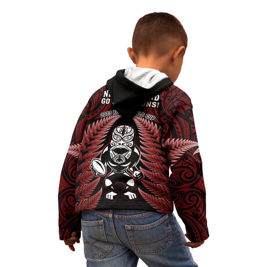 New Zealand Aotearoa Rugby Kid Hoodie NZ Tiki With Maori Fern World Cup Red Version LT14 - Polynesian Pride