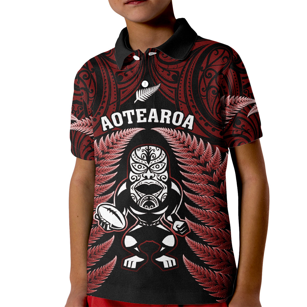 New Zealand Aotearoa Rugby Kid Polo Shirt NZ Tiki With Maori Fern World Cup Red Version LT14 Kid Red - Polynesian Pride