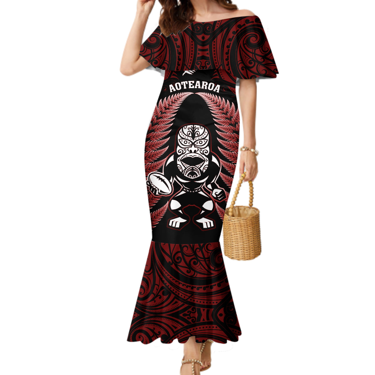 New Zealand Aotearoa Rugby Mermaid Dress NZ Tiki With Maori Fern World Cup Red Version LT14 Women Red - Polynesian Pride