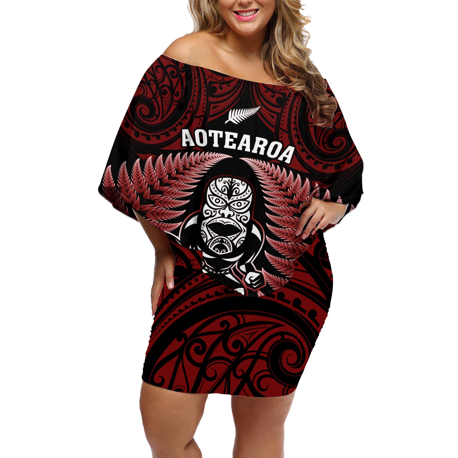 New Zealand Aotearoa Rugby Off Shoulder Short Dress NZ Tiki With Maori Fern World Cup Red Version LT14 Women Red - Polynesian Pride