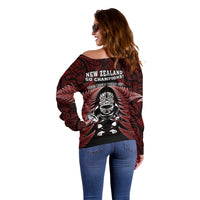 New Zealand Aotearoa Rugby Off Shoulder Sweater NZ Tiki With Maori Fern World Cup Red Version LT14 - Polynesian Pride