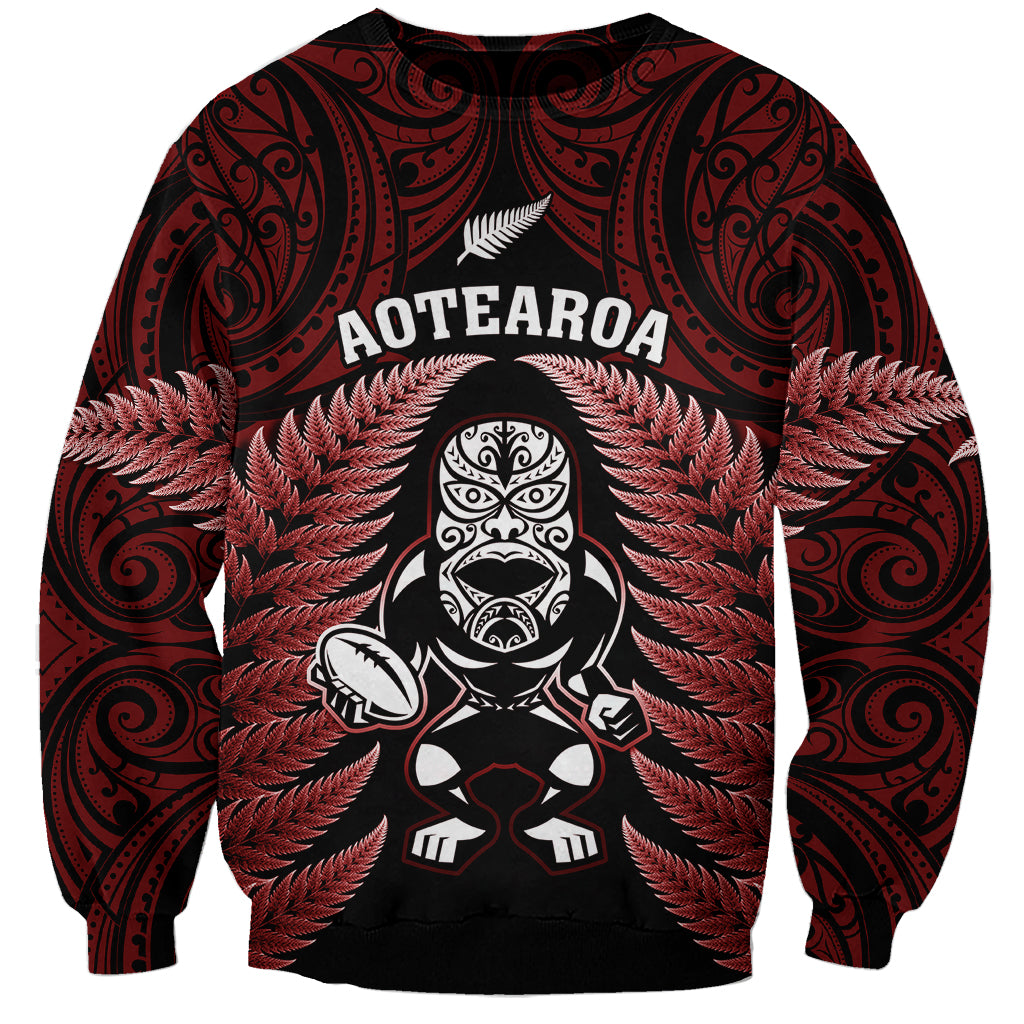 New Zealand Aotearoa Rugby Sweatshirt NZ Tiki With Maori Fern World Cup Red Version LT14 Unisex Red - Polynesian Pride