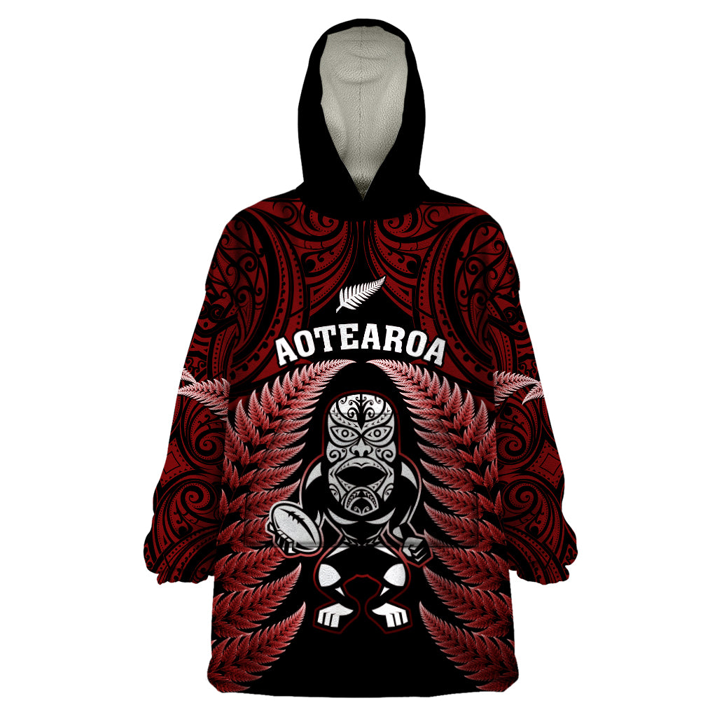 New Zealand Aotearoa Rugby Wearable Blanket Hoodie NZ Tiki With Maori Fern World Cup Red Version LT14 One Size Red - Polynesian Pride