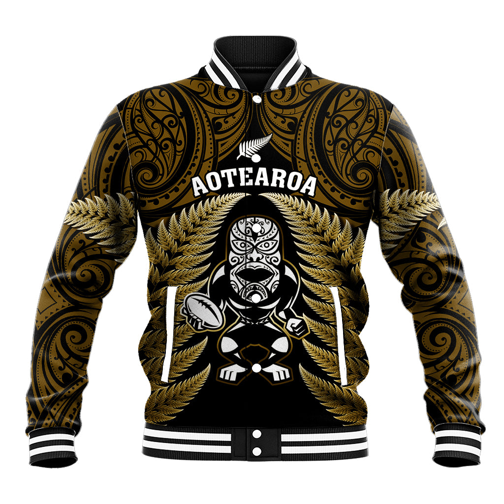 New Zealand Aotearoa Rugby Baseball Jacket NZ Tiki With Maori Fern World Cup Gold Version LT14 Unisex Gold - Polynesian Pride