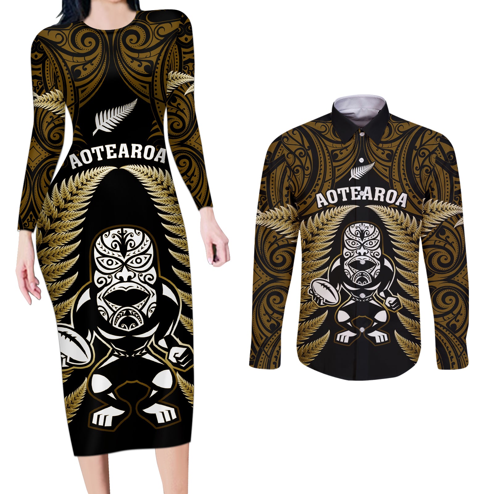 New Zealand Aotearoa Rugby Couples Matching Long Sleeve Bodycon Dress and Long Sleeve Button Shirts NZ Tiki With Maori Fern World Cup Gold Version LT14 Gold - Polynesian Pride