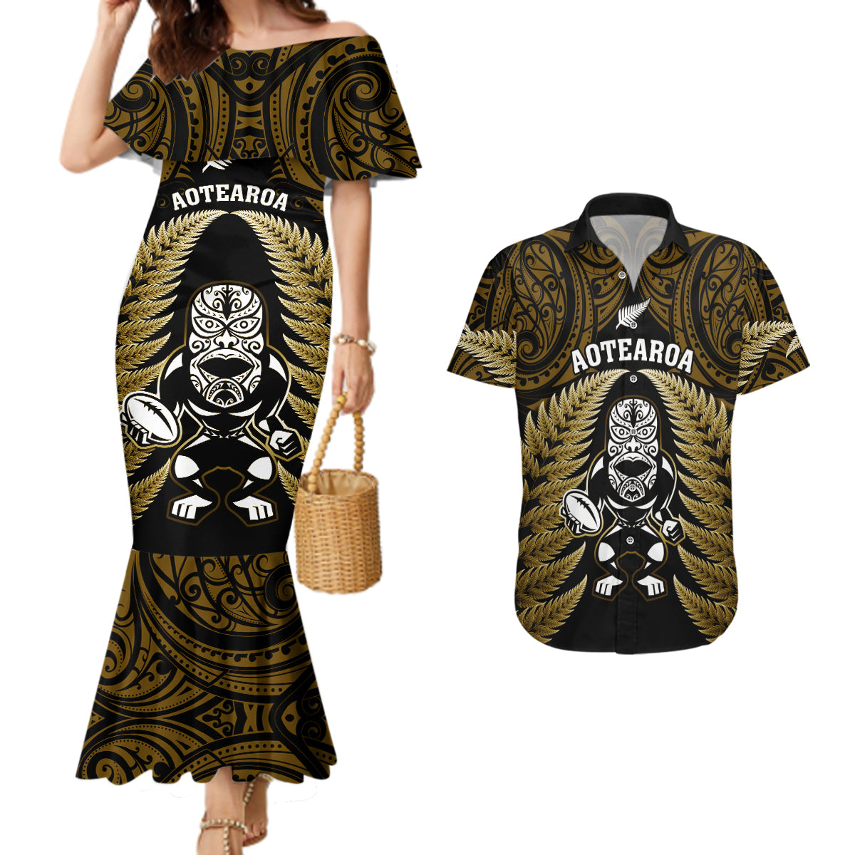 New Zealand Aotearoa Rugby Couples Matching Mermaid Dress and Hawaiian Shirt NZ Tiki With Maori Fern World Cup Gold Version LT14 Gold - Polynesian Pride