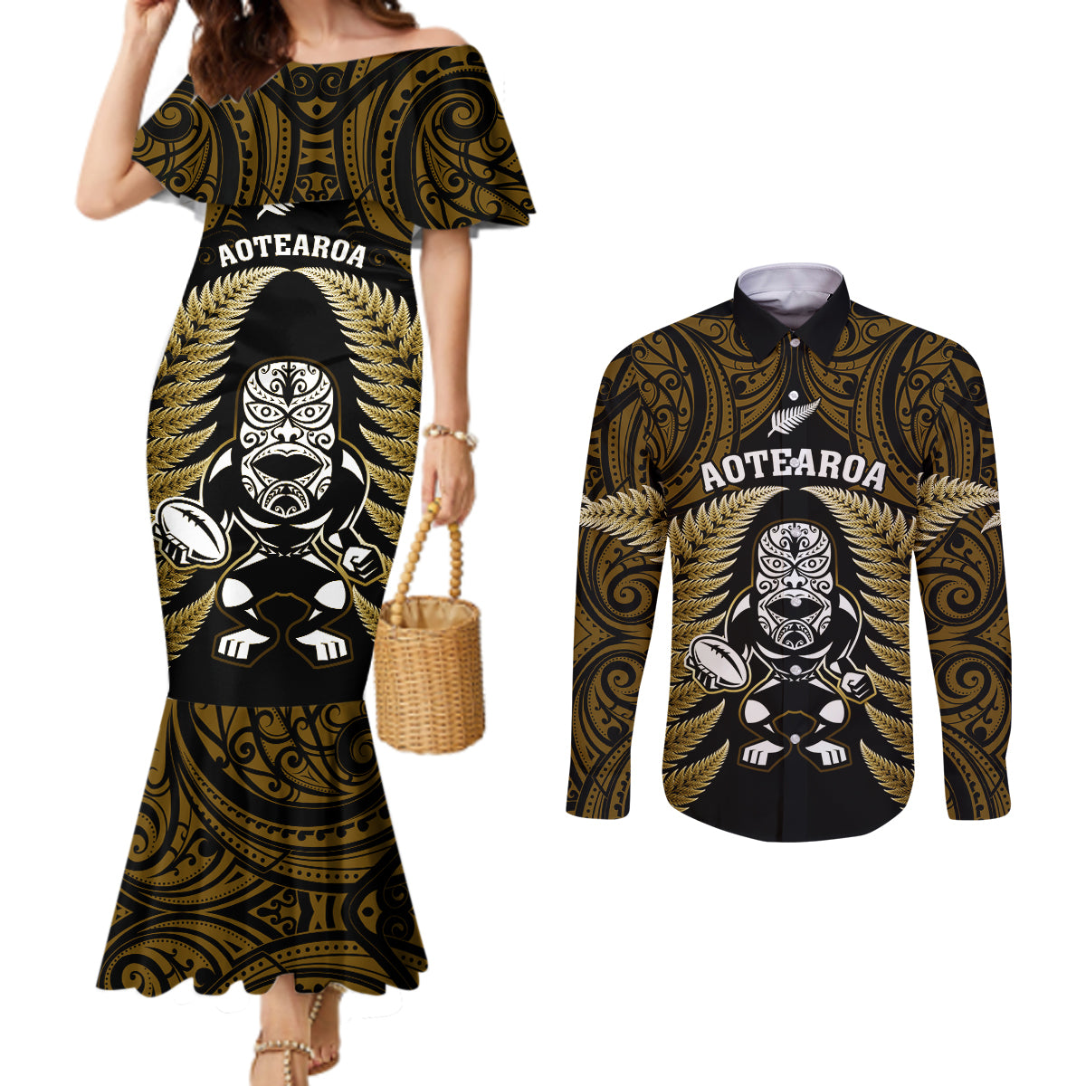 New Zealand Aotearoa Rugby Couples Matching Mermaid Dress and Long Sleeve Button Shirts NZ Tiki With Maori Fern World Cup Gold Version LT14 Gold - Polynesian Pride