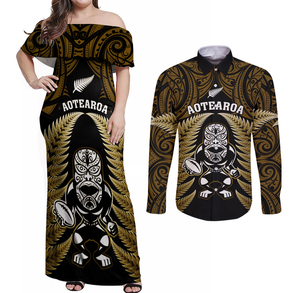 New Zealand Aotearoa Rugby Couples Matching Off Shoulder Maxi Dress and Long Sleeve Button Shirts NZ Tiki With Maori Fern World Cup Gold Version LT14 Gold - Polynesian Pride