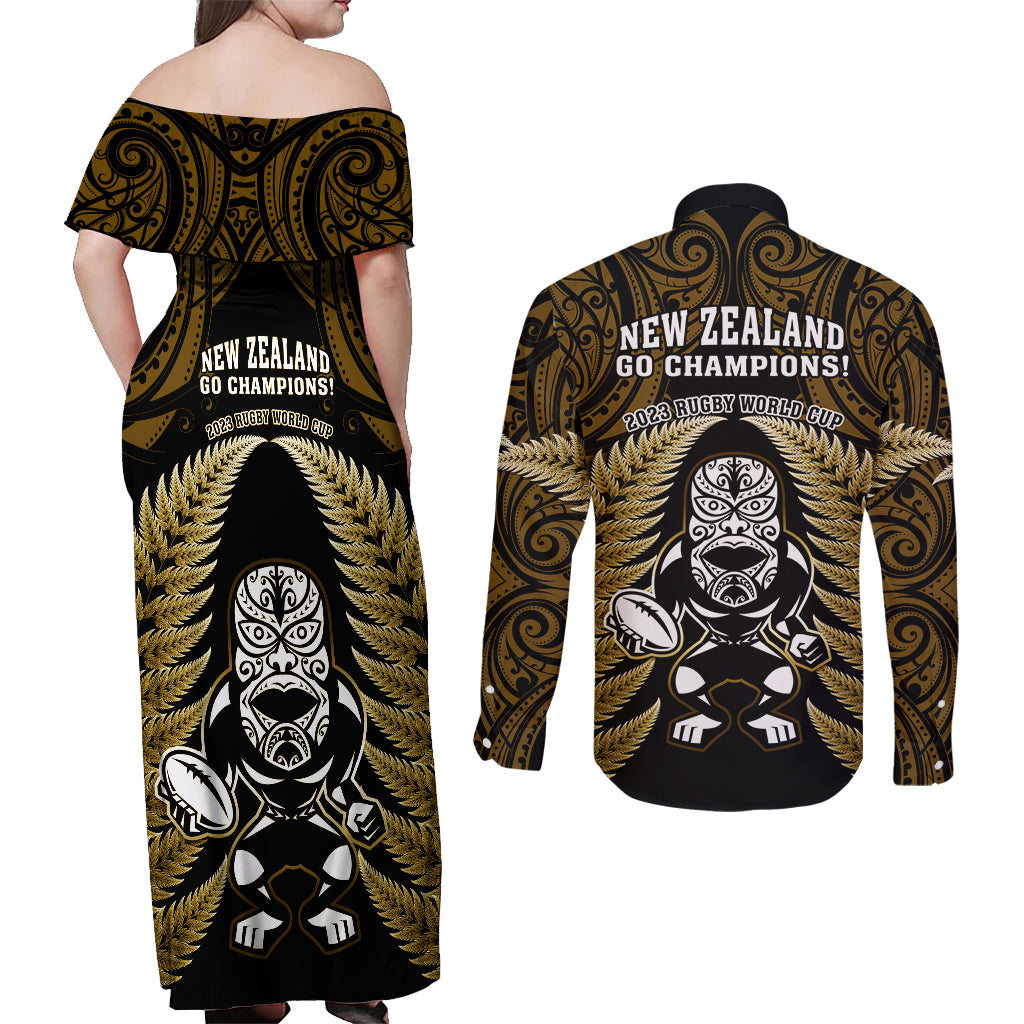 New Zealand Aotearoa Rugby Couples Matching Off Shoulder Maxi Dress and Long Sleeve Button Shirts NZ Tiki With Maori Fern World Cup Gold Version LT14 - Polynesian Pride