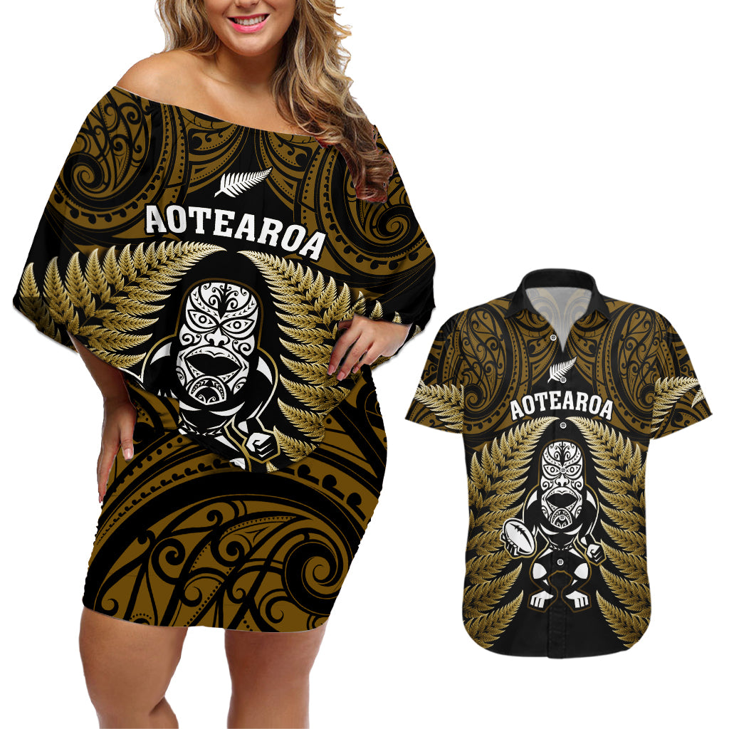 New Zealand Aotearoa Rugby Couples Matching Off Shoulder Short Dress and Hawaiian Shirt NZ Tiki With Maori Fern World Cup Gold Version LT14 Gold - Polynesian Pride
