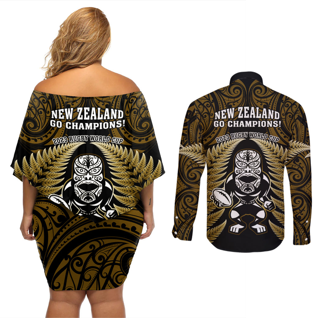 New Zealand Aotearoa Rugby Couples Matching Off Shoulder Short Dress and Long Sleeve Button Shirts NZ Tiki With Maori Fern World Cup Gold Version LT14 - Polynesian Pride