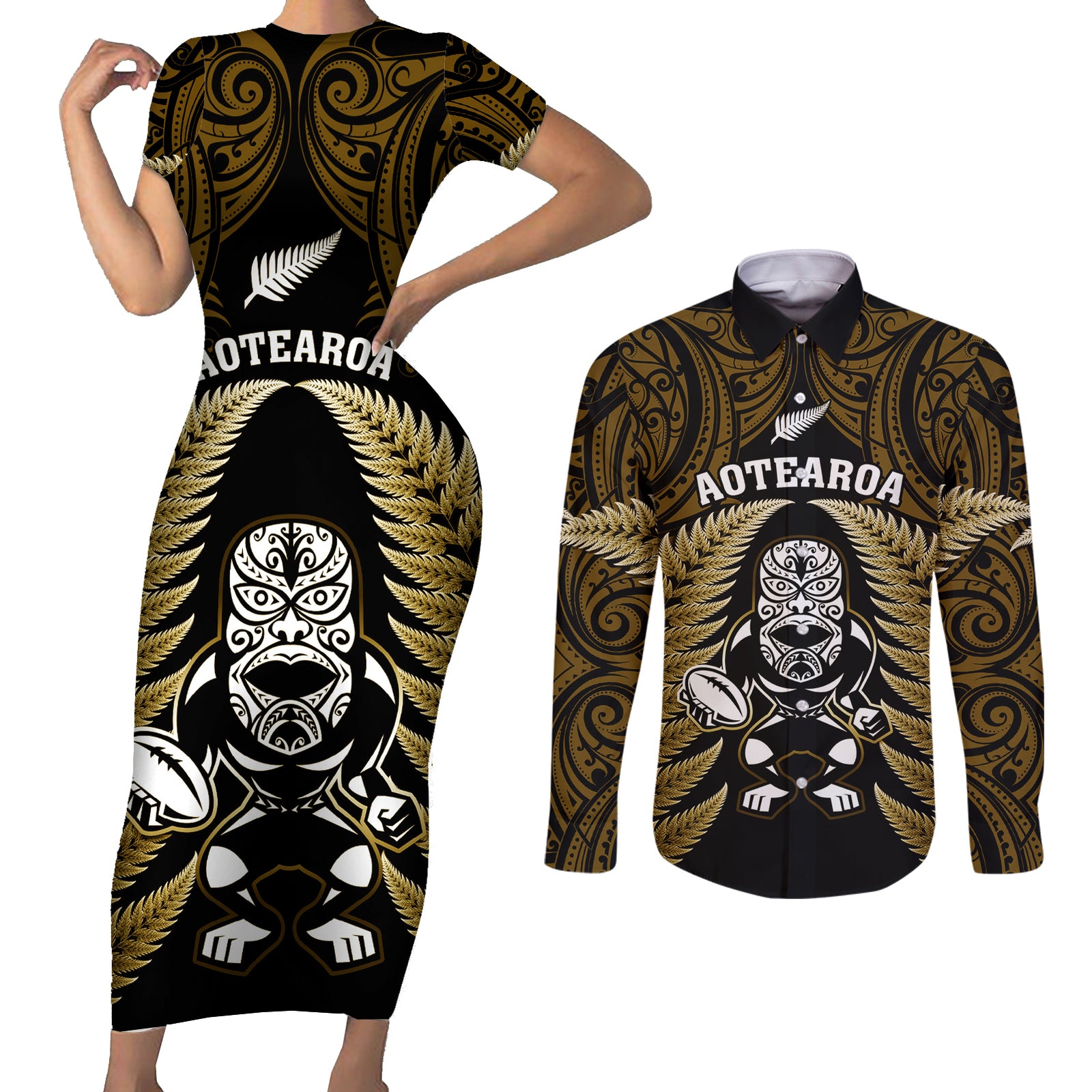 New Zealand Aotearoa Rugby Couples Matching Short Sleeve Bodycon Dress and Long Sleeve Button Shirts NZ Tiki With Maori Fern World Cup Gold Version LT14 Gold - Polynesian Pride