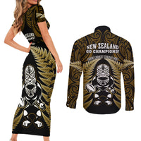 New Zealand Aotearoa Rugby Couples Matching Short Sleeve Bodycon Dress and Long Sleeve Button Shirts NZ Tiki With Maori Fern World Cup Gold Version LT14 - Polynesian Pride