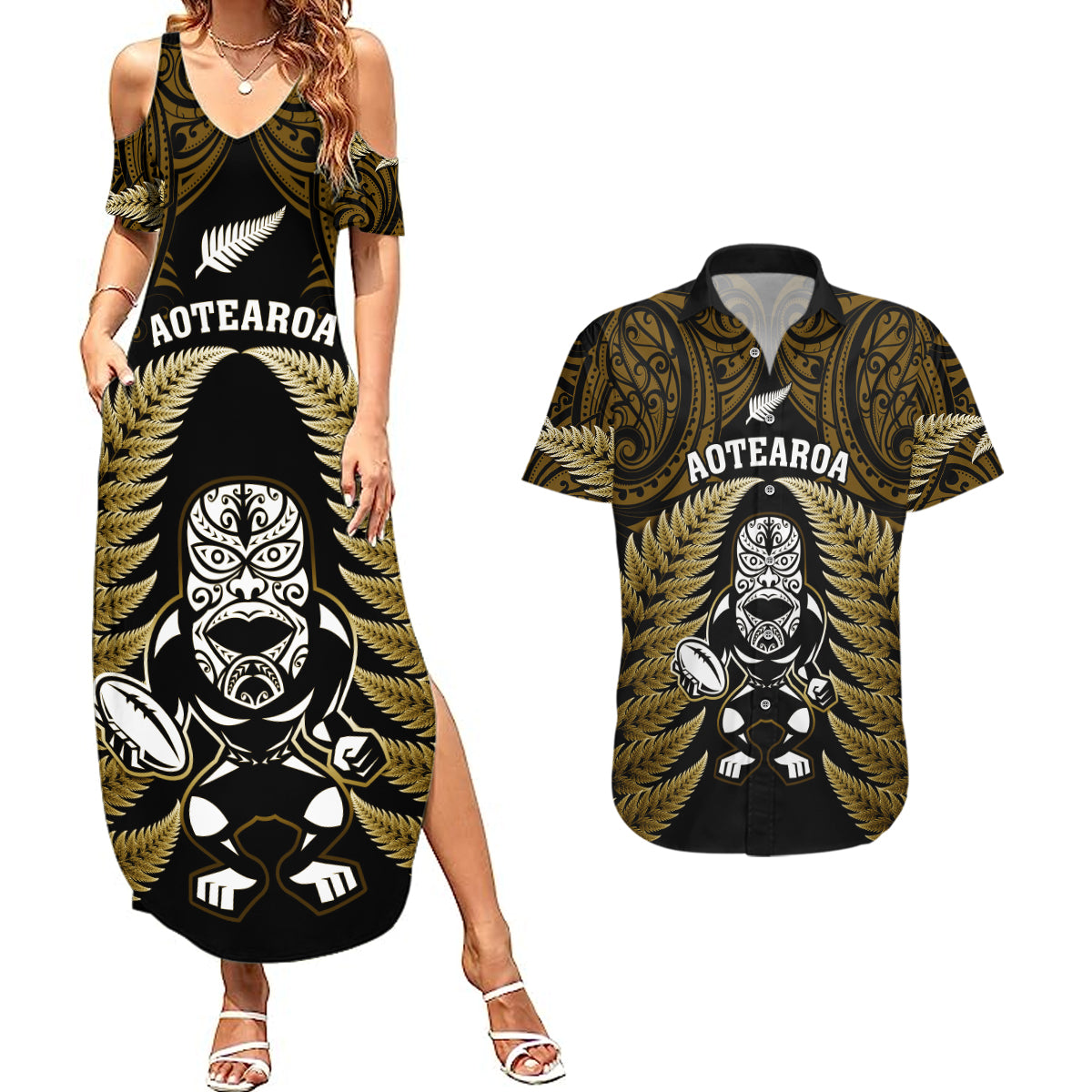 New Zealand Aotearoa Rugby Couples Matching Summer Maxi Dress and Hawaiian Shirt NZ Tiki With Maori Fern World Cup Gold Version LT14 Gold - Polynesian Pride