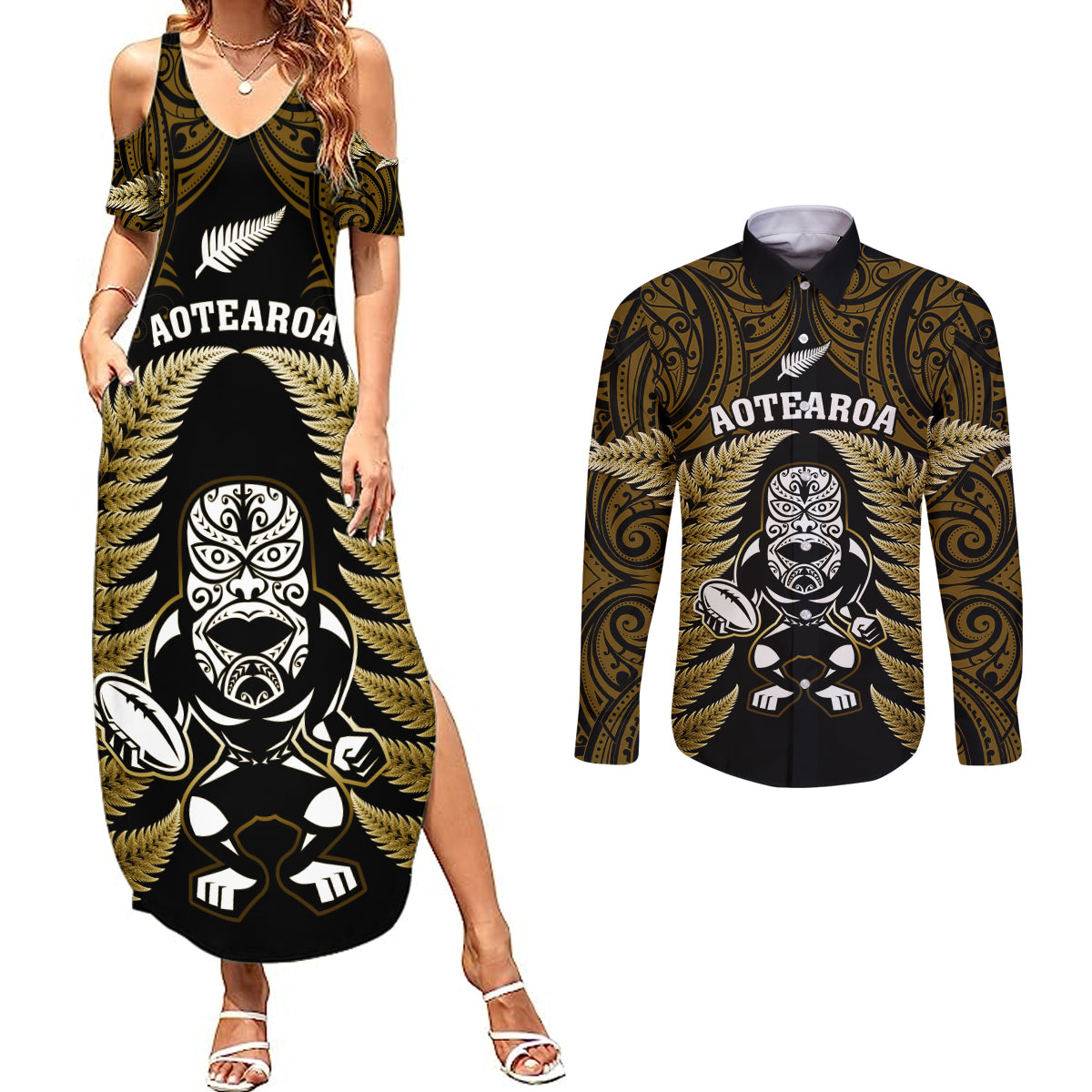 New Zealand Aotearoa Rugby Couples Matching Summer Maxi Dress and Long Sleeve Button Shirts NZ Tiki With Maori Fern World Cup Gold Version LT14 Gold - Polynesian Pride