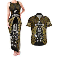 New Zealand Aotearoa Rugby Couples Matching Tank Maxi Dress and Hawaiian Shirt NZ Tiki With Maori Fern World Cup Gold Version LT14 Gold - Polynesian Pride