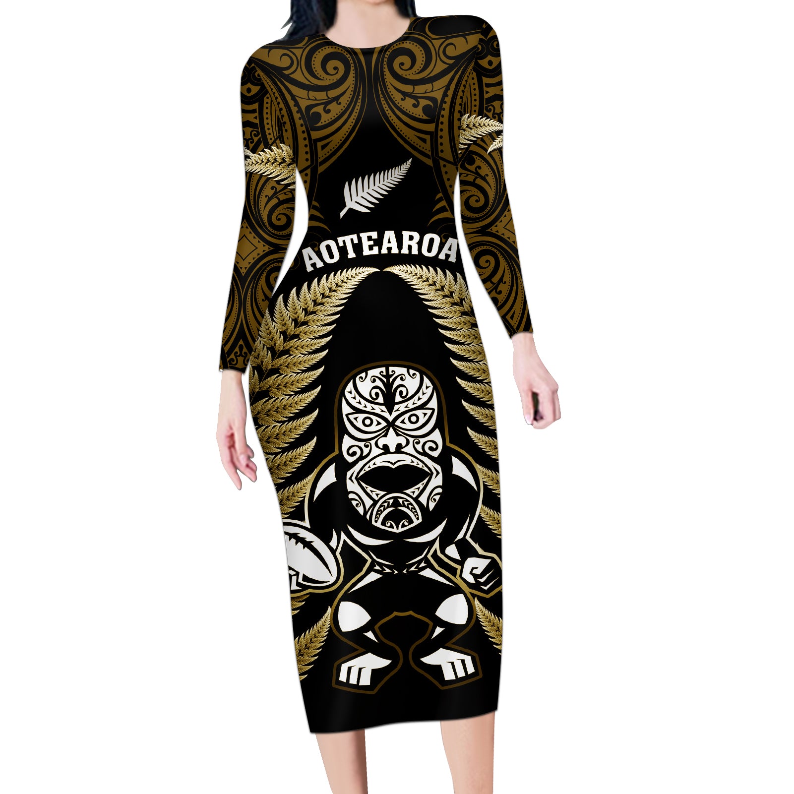 New Zealand Aotearoa Rugby Long Sleeve Bodycon Dress NZ Tiki With Maori Fern World Cup Gold Version LT14 Long Dress Gold - Polynesian Pride