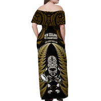 New Zealand Aotearoa Rugby Off Shoulder Maxi Dress NZ Tiki With Maori Fern World Cup Gold Version LT14 - Polynesian Pride