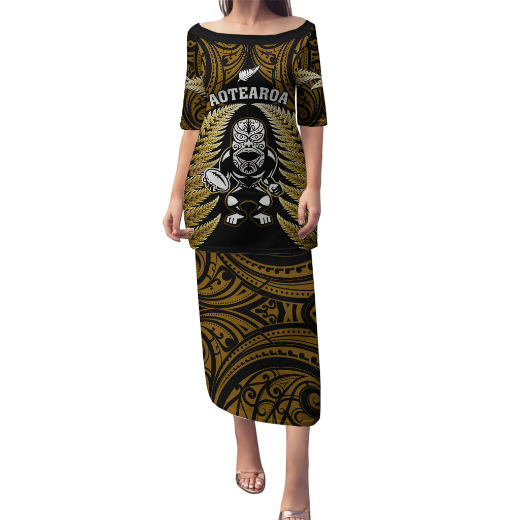 New Zealand Aotearoa Rugby Puletasi NZ Tiki With Maori Fern World Cup Gold Version LT14 Long Dress Gold - Polynesian Pride