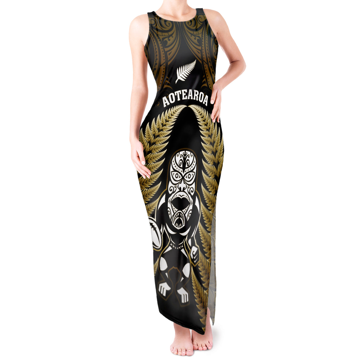 New Zealand Aotearoa Rugby Tank Maxi Dress NZ Tiki With Maori Fern World Cup Gold Version LT14 Women Gold - Polynesian Pride