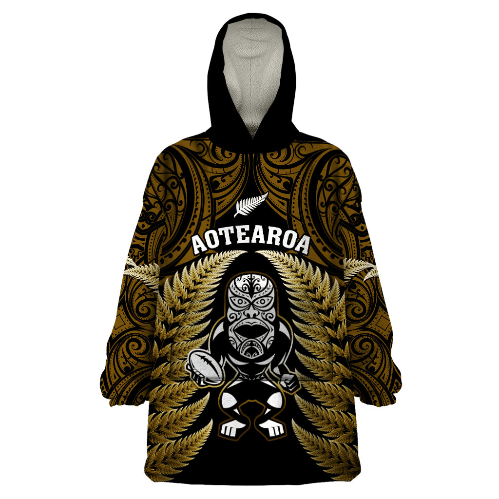 New Zealand Aotearoa Rugby Wearable Blanket Hoodie NZ Tiki With Maori Fern World Cup Gold Version LT14 One Size Gold - Polynesian Pride