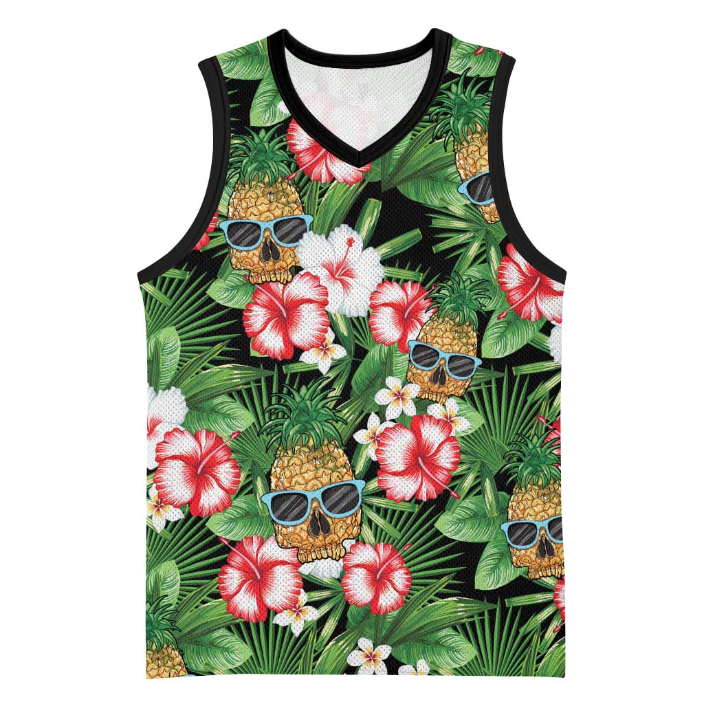 Pineapple Skull Aloha Hawaii Basketball Jersey Summer Vibes Tropical Seamless Pattern LT14 Unisex Black - Polynesian Pride
