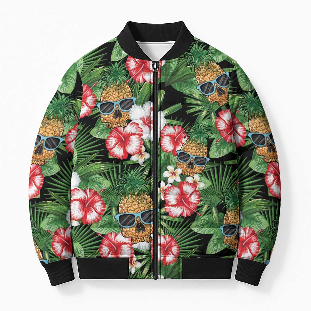 Pineapple Skull Aloha Hawaii Bomber Puffer Jacket Summer Vibes Tropical Seamless Pattern LT14 Unisex Black - Polynesian Pride