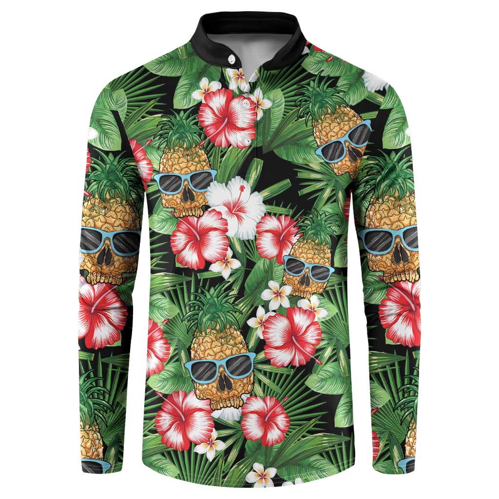 Pineapple Skull Aloha Hawaii Button Sweatshirt Summer Vibes Tropical Seamless Pattern LT14 Black - Polynesian Pride