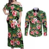 Pineapple Skull Aloha Hawaii Couples Matching Off Shoulder Maxi Dress and Long Sleeve Button Shirt Summer Vibes Tropical Seamless Pattern - Polynesian Pride