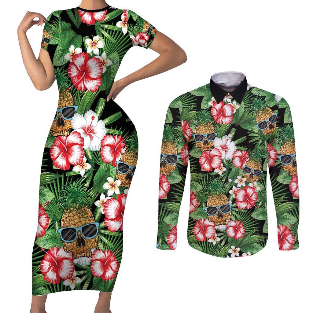 Pineapple Skull Aloha Hawaii Couples Matching Short Sleeve Bodycon Dress and Long Sleeve Button Shirt Summer Vibes Tropical Seamless Pattern - Polynesian Pride