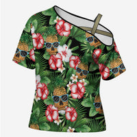 Pineapple Skull Aloha Hawaii Cross Shoulder Shirt Summer Vibes Tropical Seamless Pattern LT14 Female Black - Polynesian Pride