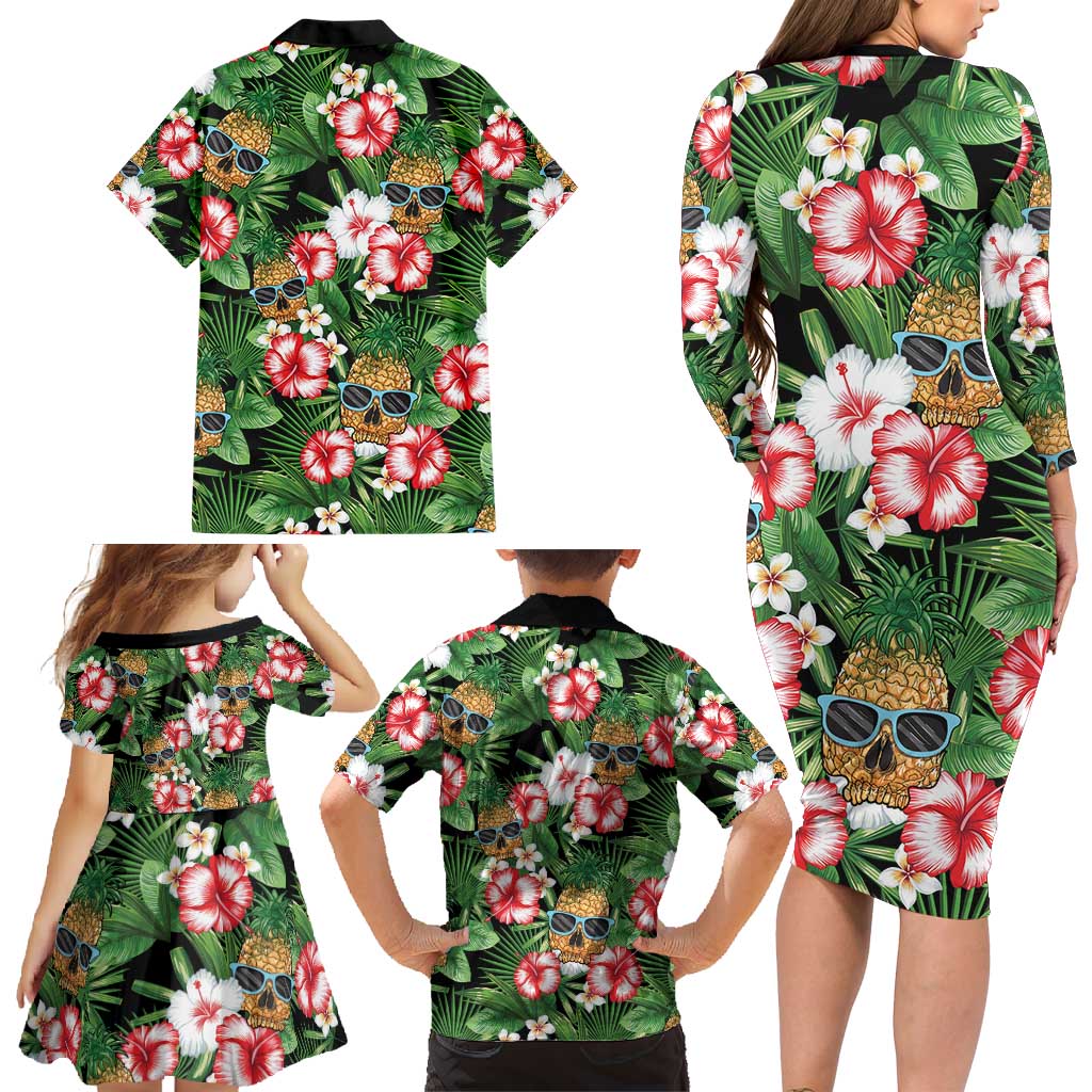 Pineapple Skull Aloha Hawaii Family Matching Long Sleeve Bodycon Dress and Hawaiian Shirt Summer Vibes Tropical Seamless Pattern - Polynesian Pride