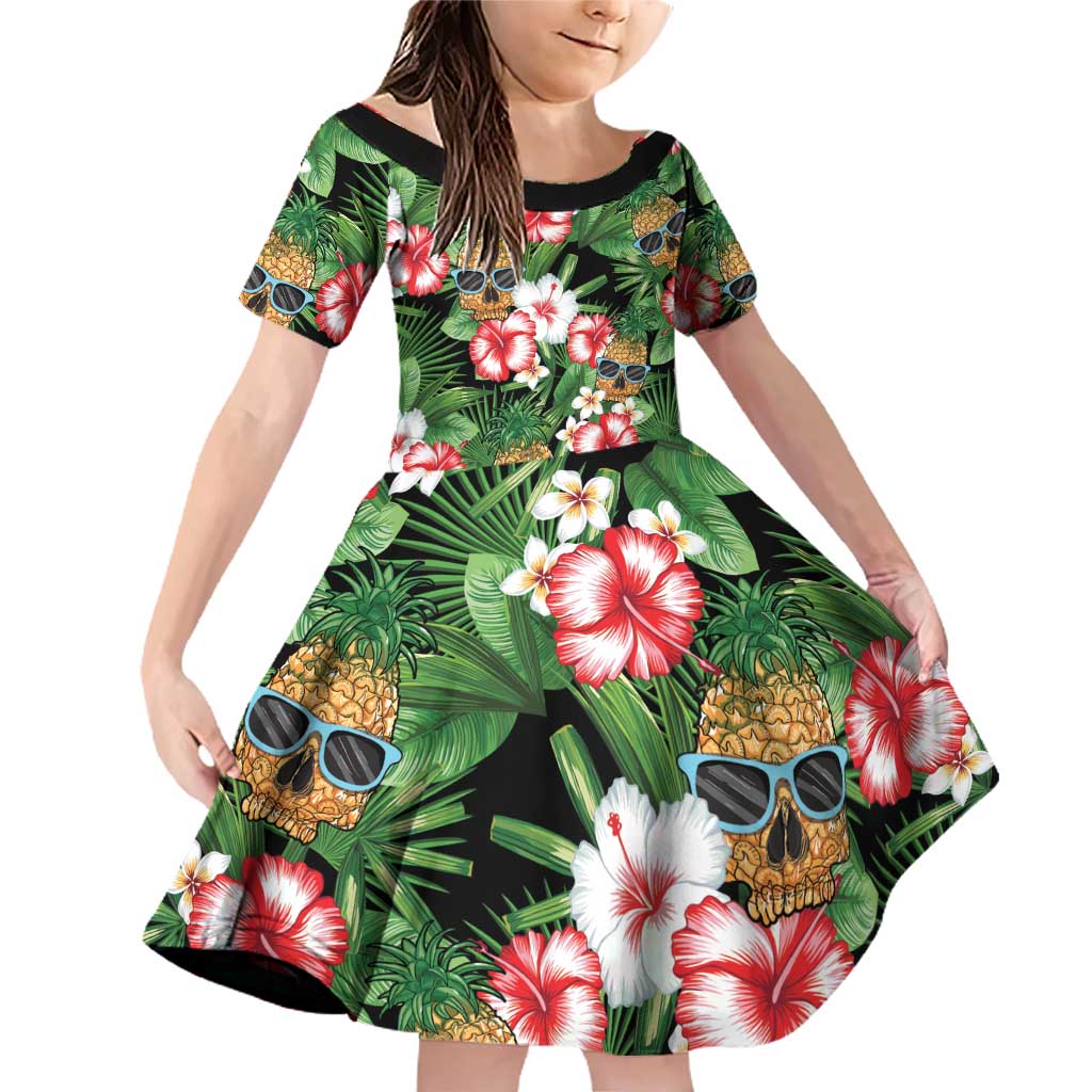 Pineapple Skull Aloha Hawaii Family Matching Off Shoulder Short Dress and Hawaiian Shirt Summer Vibes Tropical Seamless Pattern - Polynesian Pride