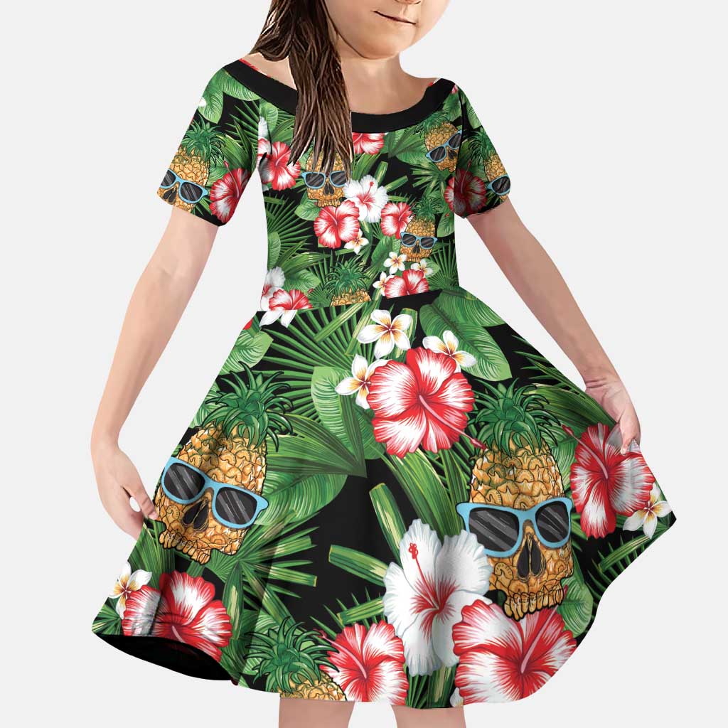 Pineapple Skull Aloha Hawaii Family Matching Puletasi and Hawaiian Shirt Summer Vibes Tropical Seamless Pattern LT14 Daughter's Dress Black - Polynesian Pride