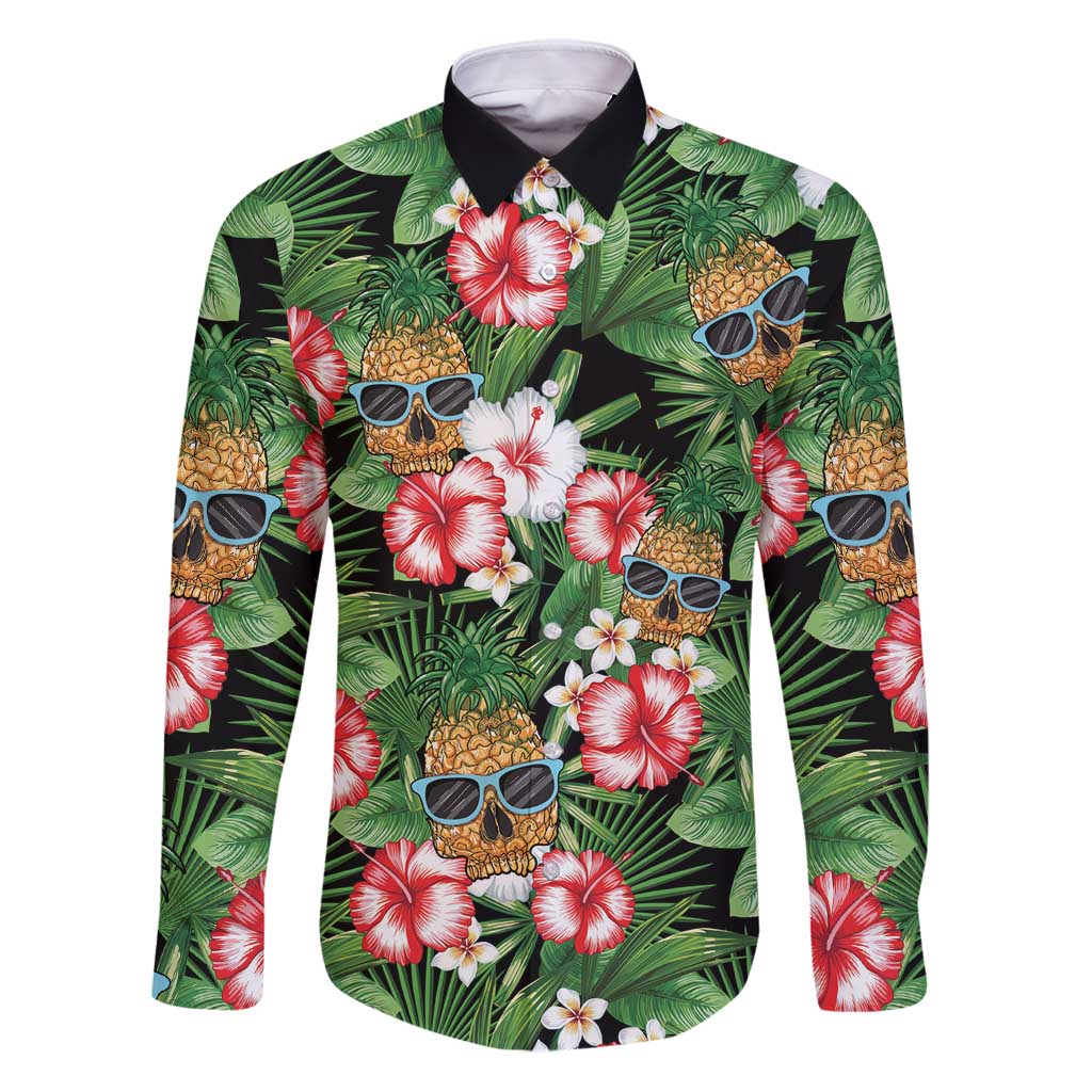 Pineapple Skull Aloha Hawaii Family Matching Puletasi and Hawaiian Shirt Summer Vibes Tropical Seamless Pattern LT14 Dad's Shirt - Long Sleeve Black - Polynesian Pride