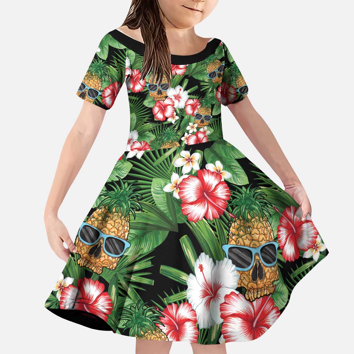 Pineapple Skull Aloha Hawaii Kid Short Sleeve Dress Summer Vibes Tropical Seamless Pattern - Polynesian Pride