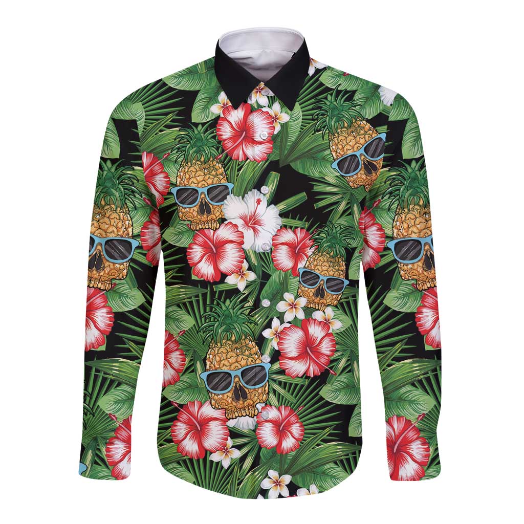 Pineapple Skull Aloha Hawaii Long Sleeve Button Shirt Summer Vibes Tropical Seamless Pattern LT14 Unisex Black - Polynesian Pride