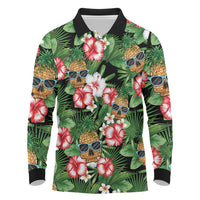 Pineapple Skull Aloha Hawaii Long Sleeve Polo Shirt Summer Vibes Tropical Seamless Pattern LT14 Black - Polynesian Pride