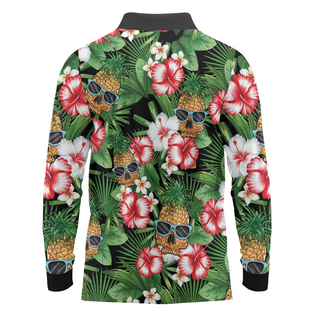 Pineapple Skull Aloha Hawaii Long Sleeve Polo Shirt Summer Vibes Tropical Seamless Pattern LT14 - Polynesian Pride