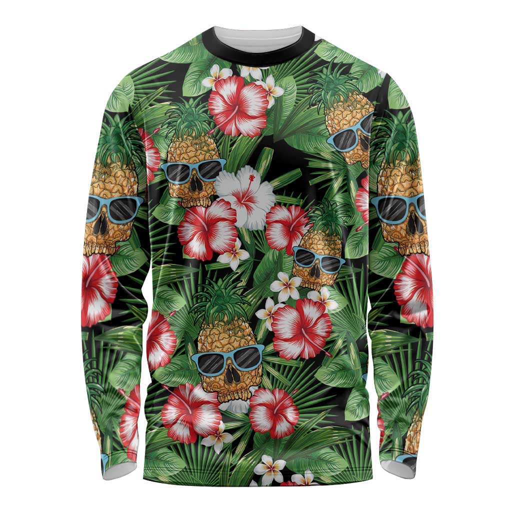 Pineapple Skull Aloha Hawaii Long Sleeve Shirt Summer Vibes Tropical Seamless Pattern LT14 Unisex Black - Polynesian Pride