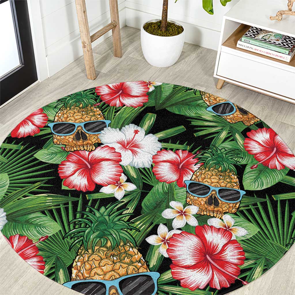 Pineapple Skull Aloha Hawaii Round Carpet Summer Vibes Tropical Seamless Pattern - Polynesian Pride
