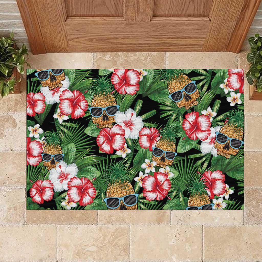 Pineapple Skull Aloha Hawaii Rubber Doormat Summer Vibes Tropical Seamless Pattern LT14 Black - Polynesian Pride