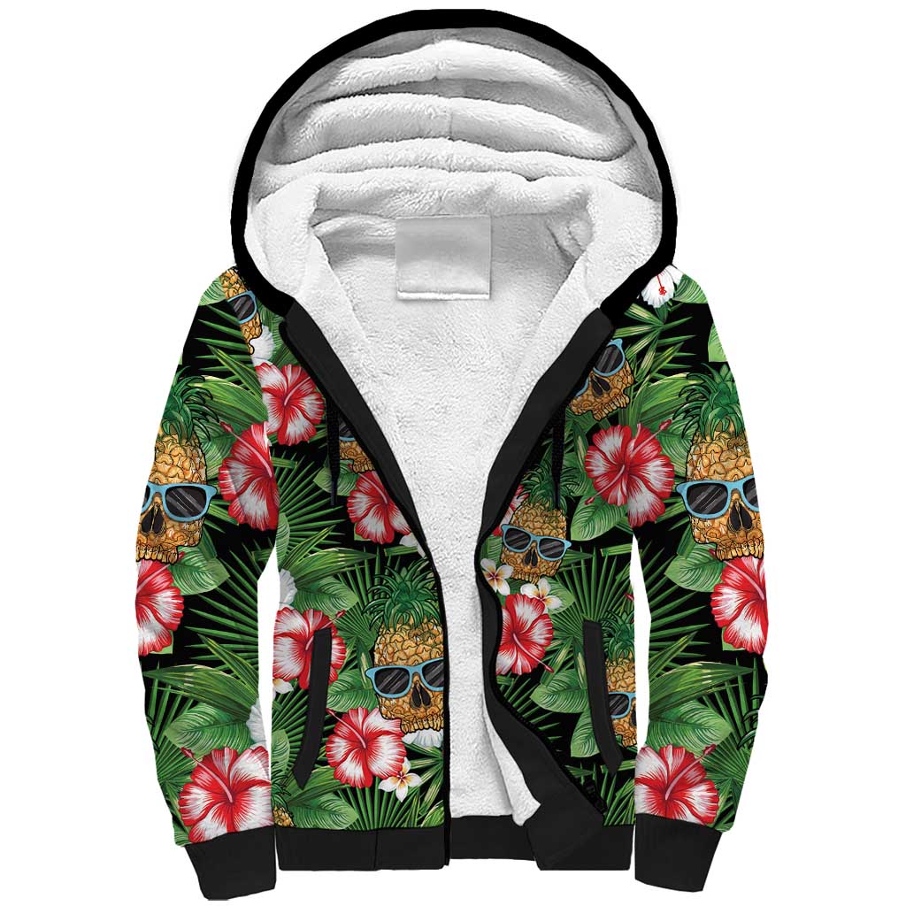 Pineapple Skull Aloha Hawaii Sherpa Hoodie Summer Vibes Tropical Seamless Pattern LT14 Unisex Black - Polynesian Pride
