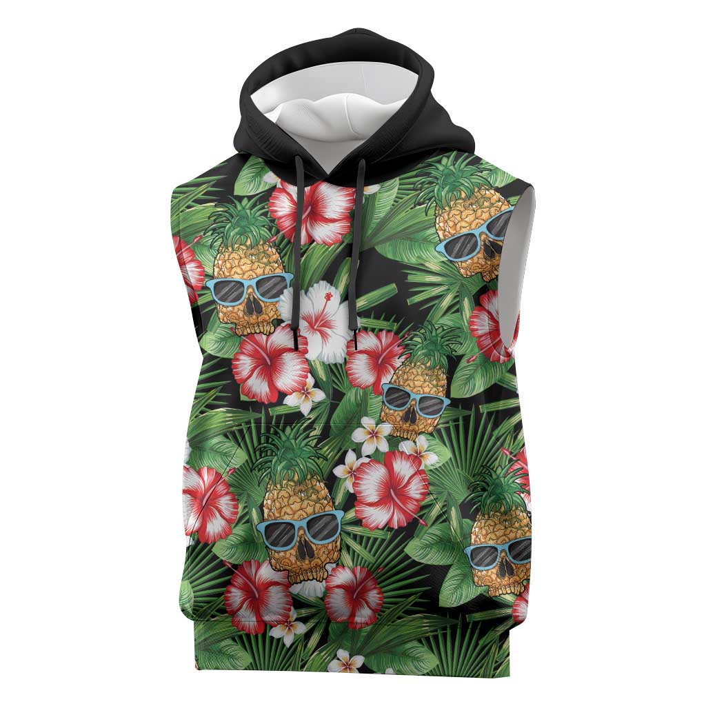 Pineapple Skull Aloha Hawaii Sleeveless Hoodie Summer Vibes Tropical Seamless Pattern LT14 Black - Polynesian Pride